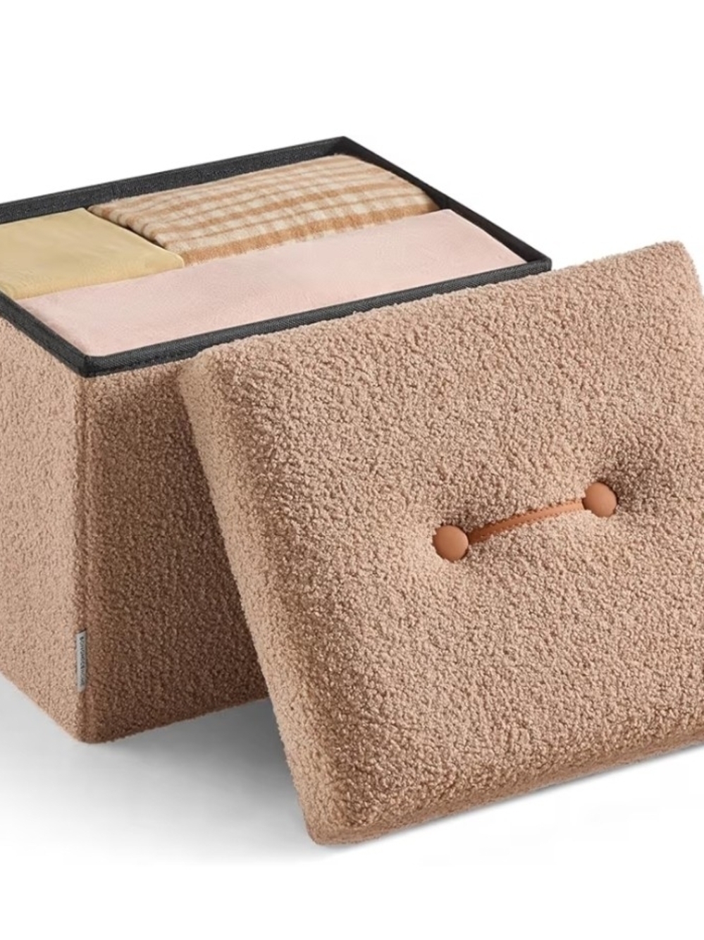 Plush Bouclé Storage Ottoman with Lid - Blush Pink